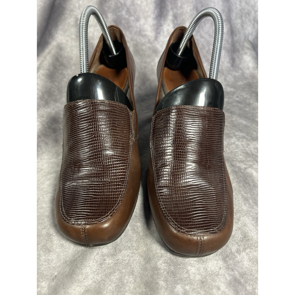 Antonio Melani Womens 11 Brown Leather Loafers Heels Lizard Embossed Brazil
